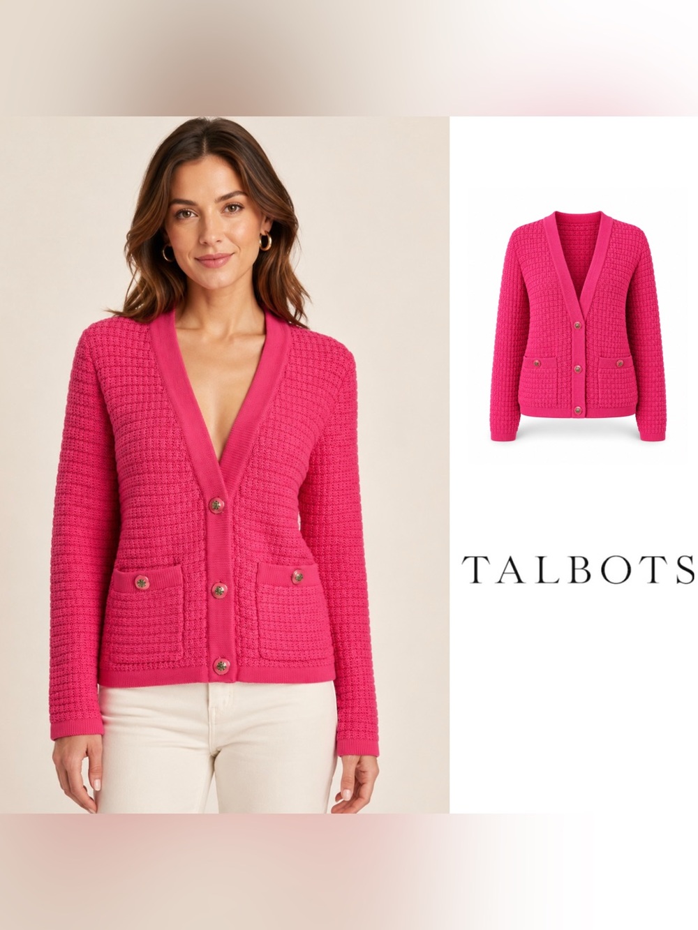 NEW Talbots Hot Pink Textured V-Neck Button Cardigan
